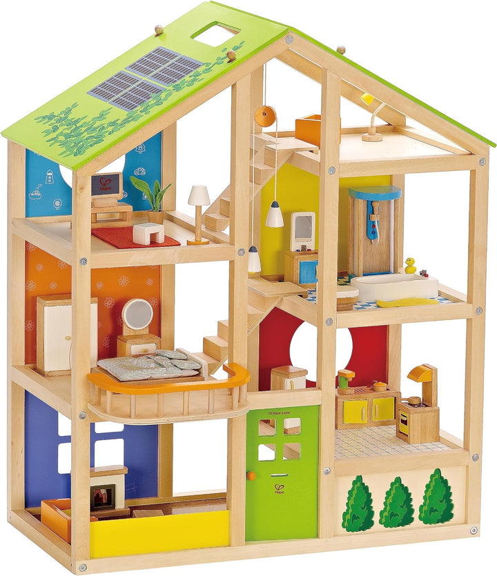 Hape Vier-Jahreszeiten Puppenhaus aus Holz von Hape | Preisgekröntes dreistöckiges Puppenhaus mit Mo