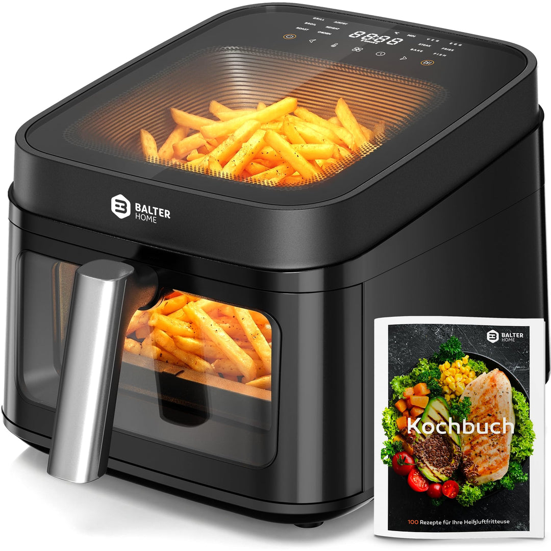 Balter Heissluftfritteuse Airfryer, 6,5 L, Friteuse Heissluftfritteuse XXL mit Sichtfenster, 12 Prog