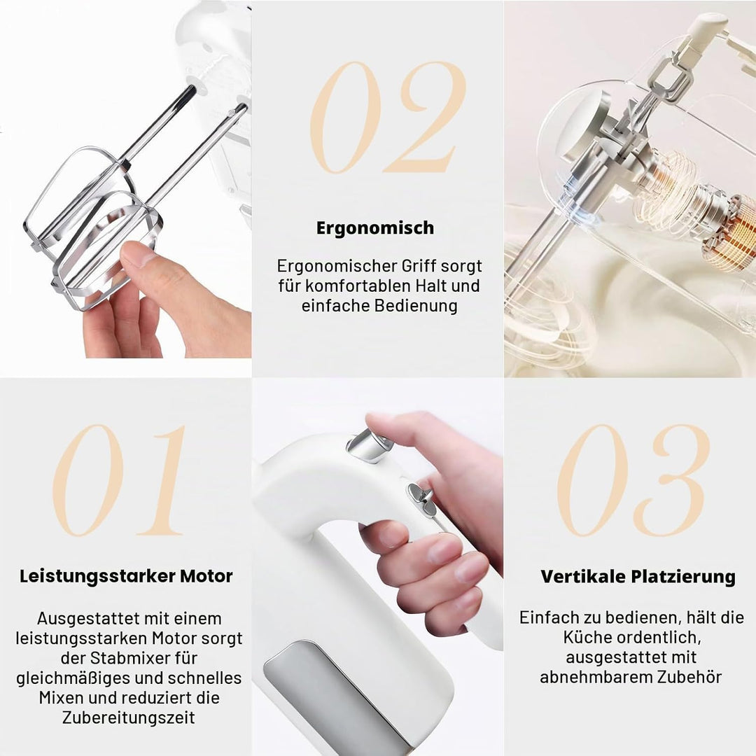 Handmixer 400W, Handrührgerät mit 5 Stufen &amp; Turbo-Funktion, Edelstahl Rührgerät Hand Mixer mit 2 Rü
