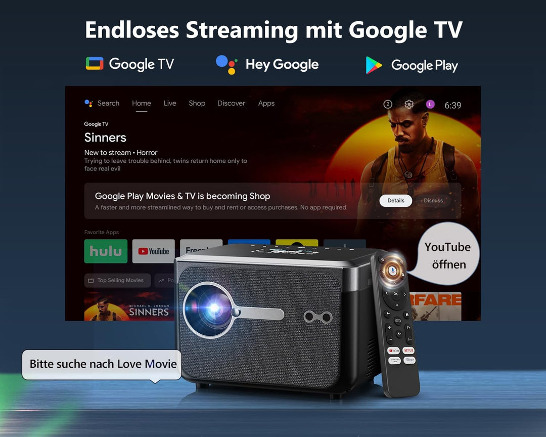 LED Beamer 4K Tragbarer Heimkino, 2026 CWEUG Smart Beamer mit YouTube, Android OS, DB Audio, NFC, Au