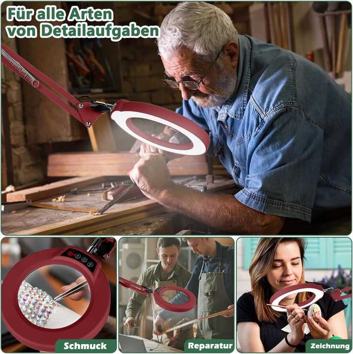 10X Lupe mit Licht und Ständer, Echter Glaslinse 2-in-1 Lupenlampe und Klemme, LED Beleuchtete Lupe