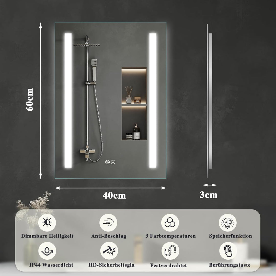 Badspiegel mit Beleuchtung 40x60cm : LED Badezimmerspiegel - Badezimmer Spiegel mit Beschlagfrei - T