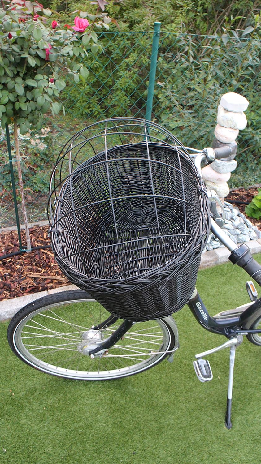 Marcus Hundefahrradkorb für Fahradlenker aus Weide mit Metallgitter und Kissen in Schwarz Lenkrad We