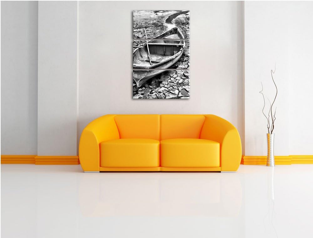 Pixxprint Monocrome, Boot im ausgetrockneten See 3-Teiler Leinwandbild 120x80 Bild auf Leinwand