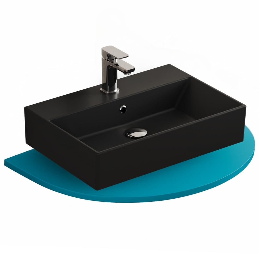 Aqua Bagno | Eckiges Design Waschbecken mit dünnem Rand, Trendfarbe schwarz matt, hochwertige Kerami