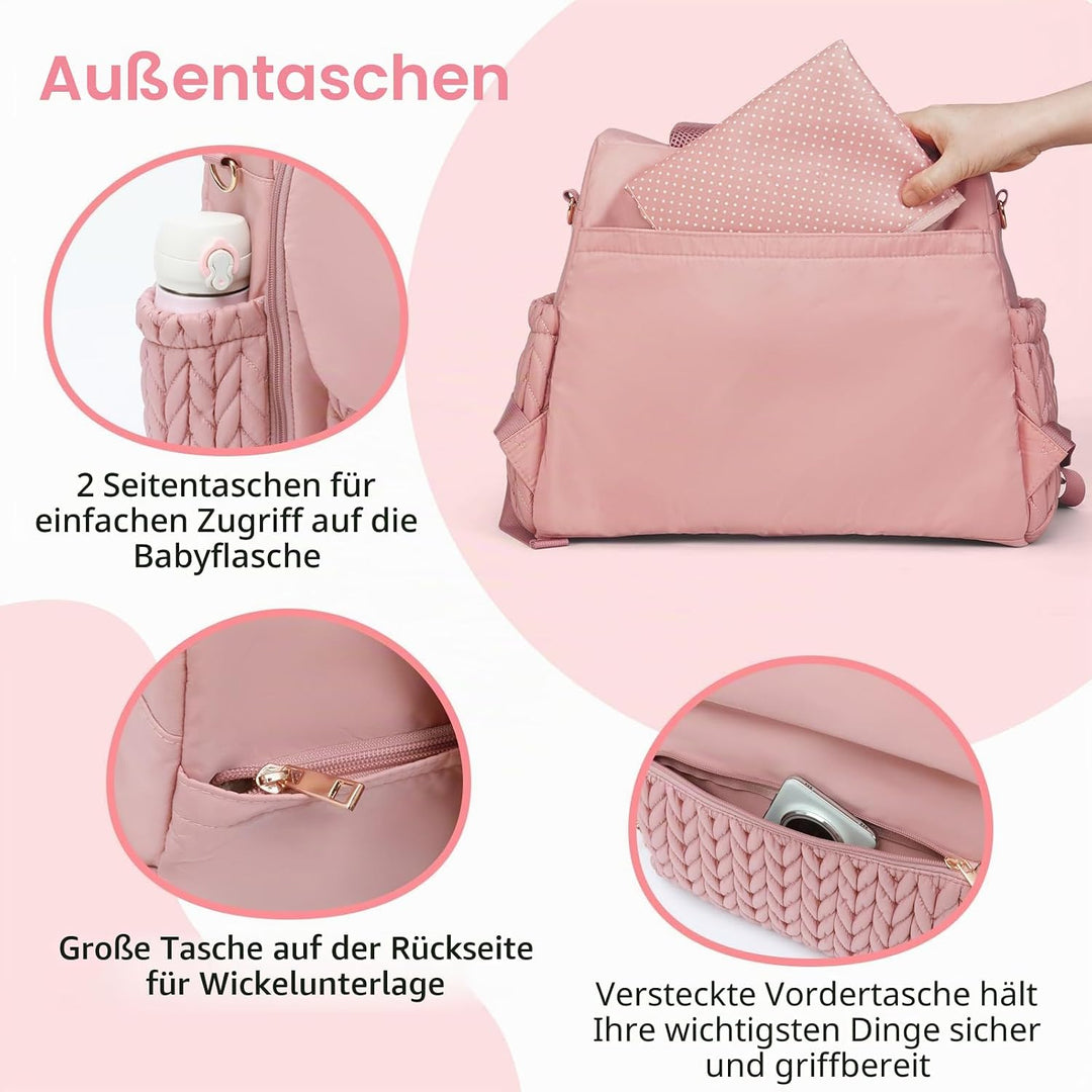 Leila Wickelrucksack mit verstellbaren Schultergurten, Kinderwagen-Clips und Wickelauflage – Modebew