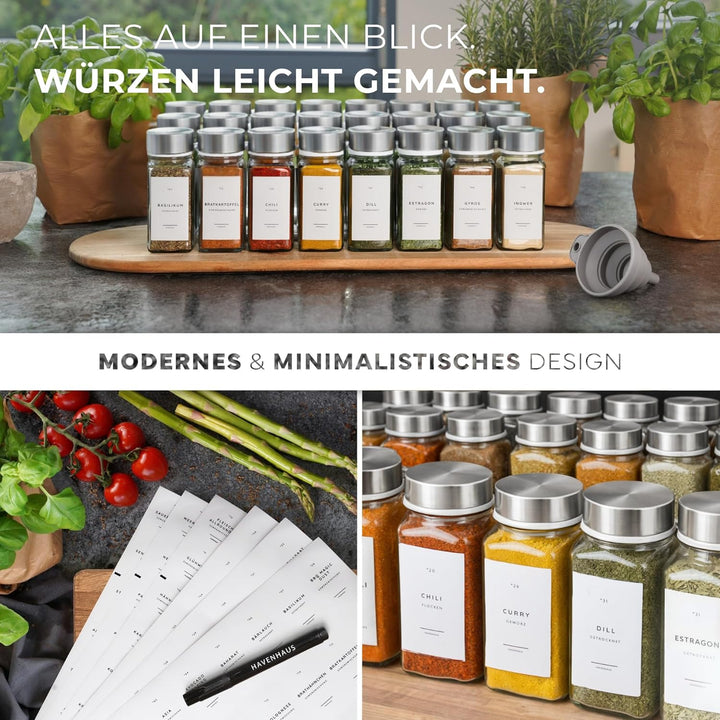 Gewürzgläser Set | hochwertiges Komplettset aus 24x Gewürz Gläser [120ml] inkl. 336 deutschen Gewürz