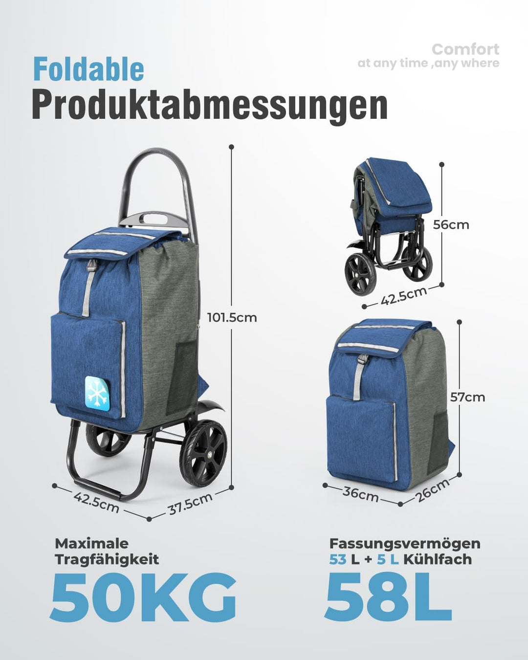 Homecall Einkaufstrolley Klappbar Einkaufswagen mit 50L + 5L kühlfunktion Bis 50KG, Einkaufstasche m