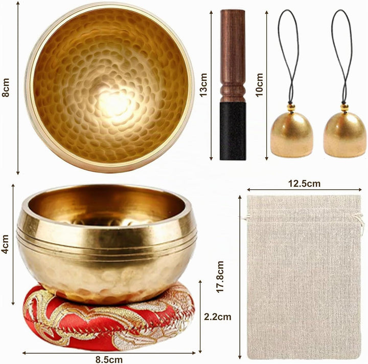 Tibetisches Klangschalen-Set, Meditationsklangschale aus Messing, 8,6 cm Durchmesser,wird mit hölzer