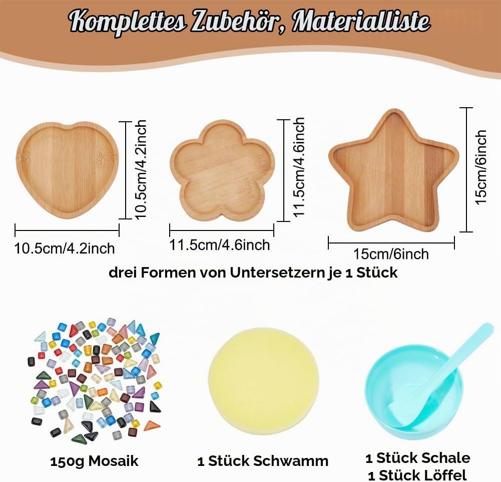 WEBEEDY 3 Sets Porzellan-Mosaik Fliesen-Mosaik-Kit Mit Holzuntersetzer Mosaiksteine DIY Mosaik Unter