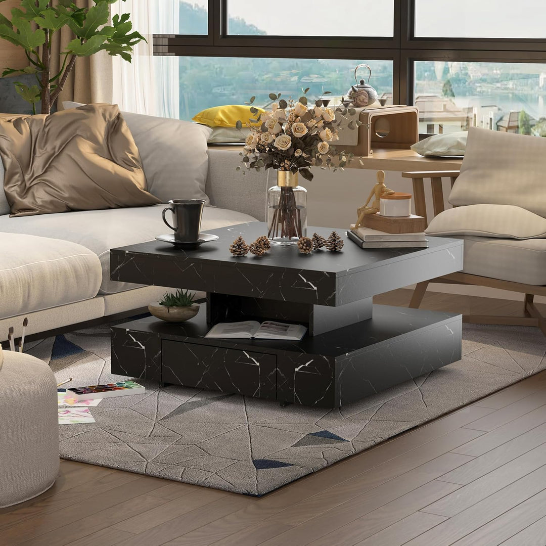 KEEPREAPER Couchtisch LED, Wohnzimmertisch mit 2 Schubladen für Wohnzimmer 78 x 78 x 40cm (Schwarz M