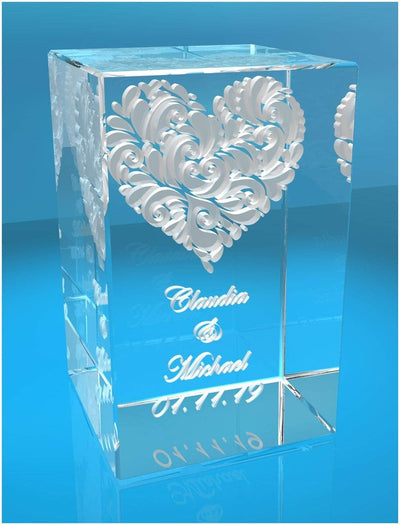 VIP-LASER 3D Glas Kristall Quader Verziertes Herz und Deinen Namen + Datum graviert! Das persönliche