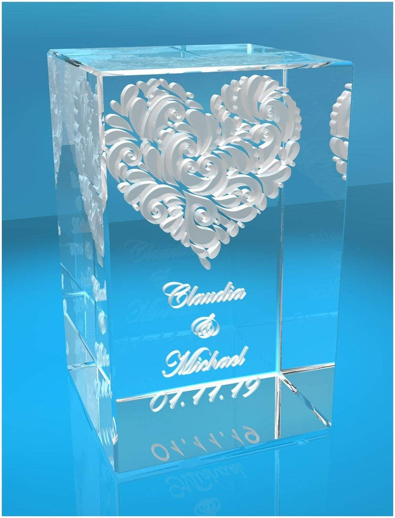 VIP-LASER 3D Glas Kristall Quader Verziertes Herz und Deinen Namen + Datum graviert! Das persönliche