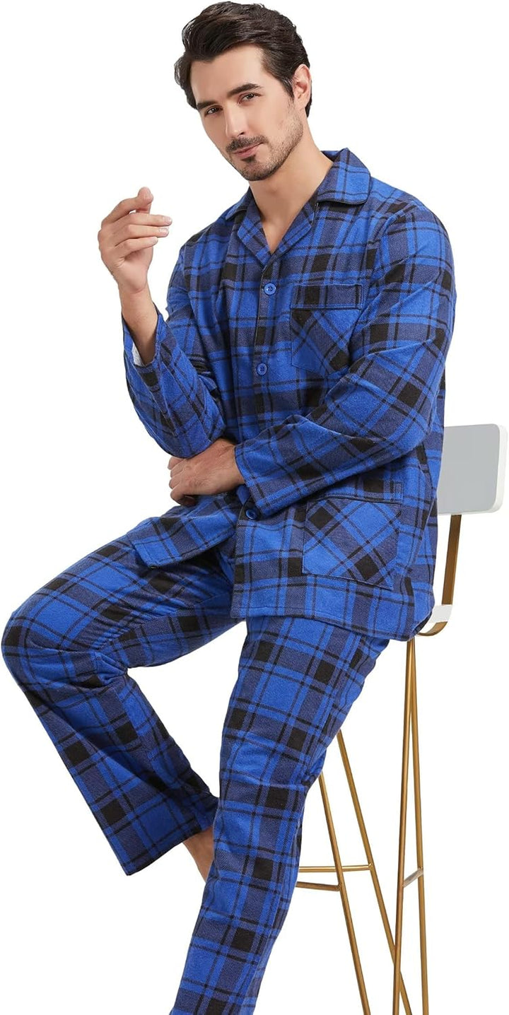 Amaxer Flanell Schlafanzug Herren 100% Baumwolle Pyjama mit Knopfleiste Set Lang Warmer Winter Schla