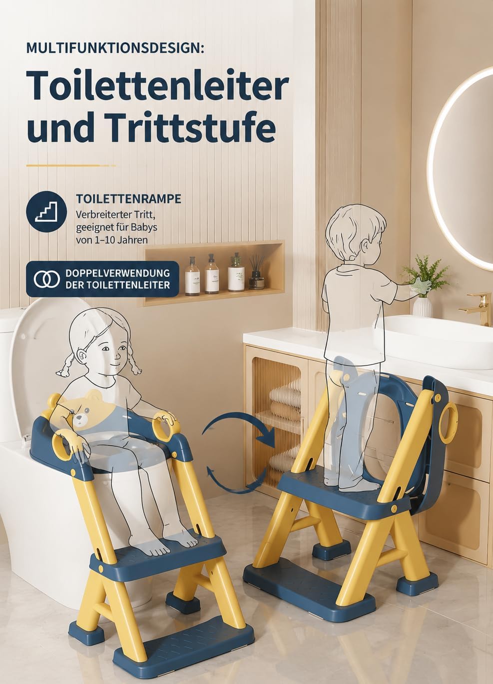 Toilettentrainer für Kinder für Jungen und Mädchen, 2 in 1 Kind Toilettensitz mit Treppe, Spritz und