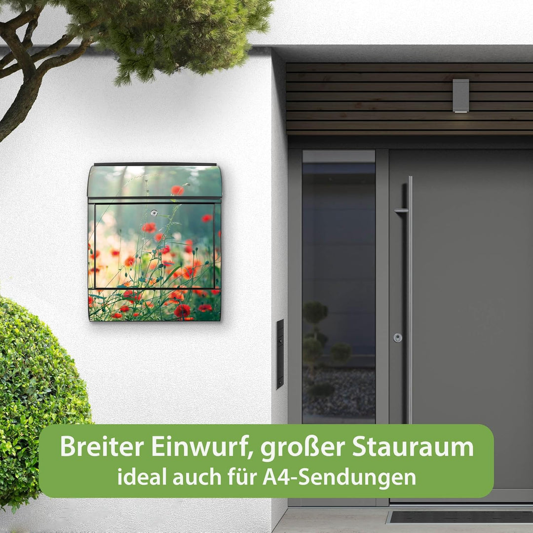 banjado® Design Briefkasten mit Motiv Waldmohn 39x47x14cm &amp; 2 Schlüssel - Briefkasten Stahl schwarz