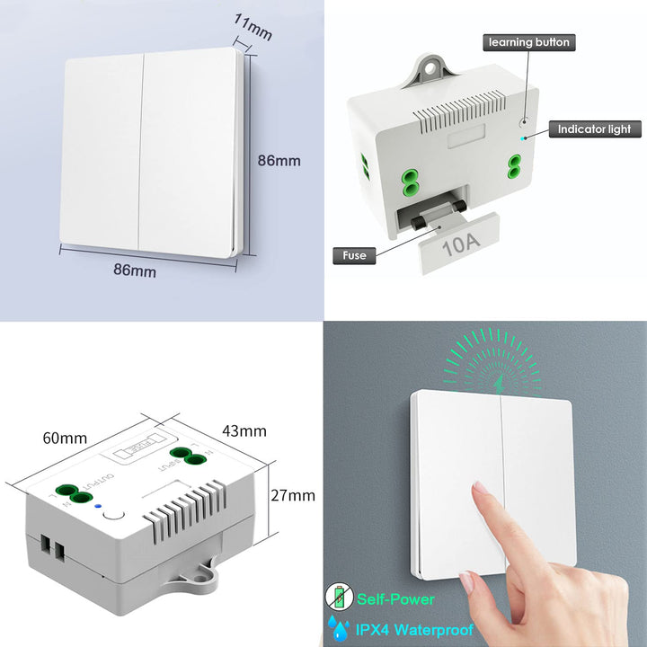 DieseRC Kinetischer Funk Lichtschalter, Wandpaneel 433Mhz RF Sicherheit Funkschalter und 10A Relais