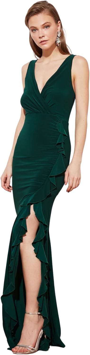 TRENDYOL Frau Bezaubernd Maxi Meerjungfrau-Linie Regular Fit Gestrickt Abendkleid 38 Smaragd, 38 Sma