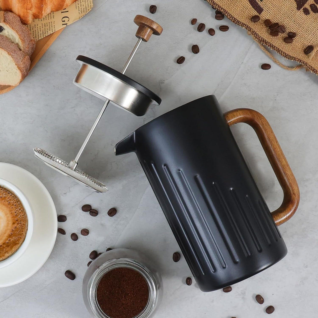 Rorence French Press 1L Edelstahl doppelwandig isoliert – Kaffeebereiter mit Holzgriff & Edelstahl-F