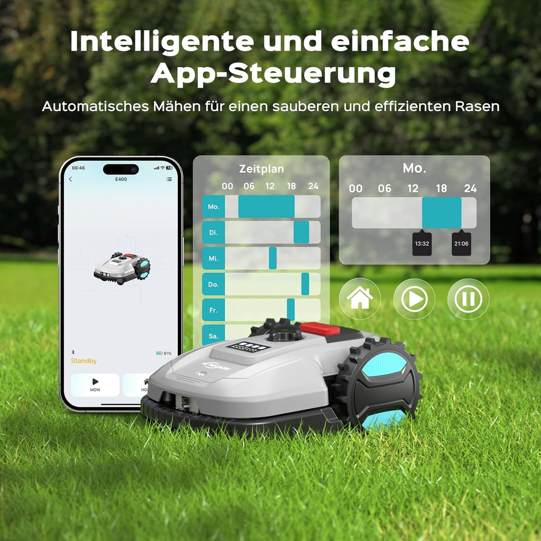 YARDCARE E400 Mähroboter mit App Steuerung, Max. bis zu 400m², 20-60mm Schnitthöhe,Rasenroboter, Reg