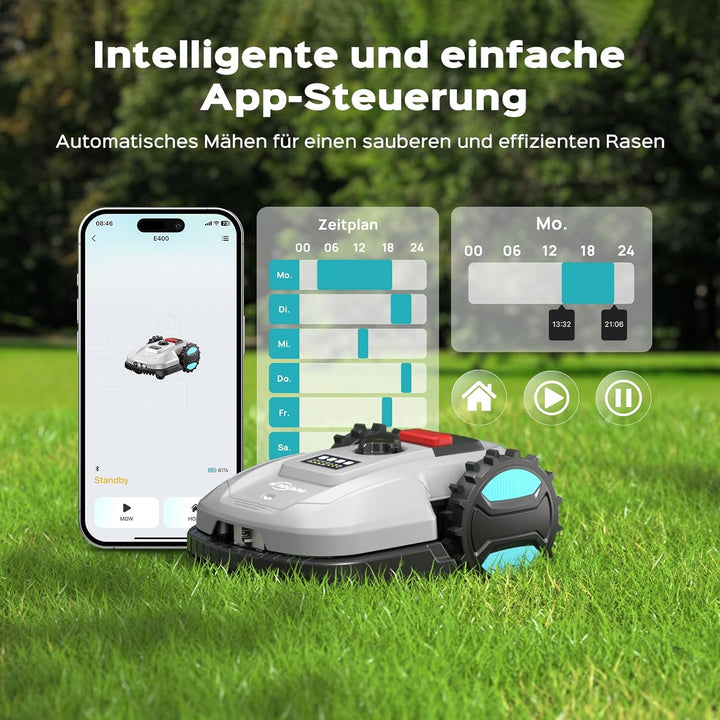YARDCARE E400 Mähroboter mit App Steuerung, Max. bis zu 400m², 20-60mm Schnitthöhe,Rasenroboter, Reg