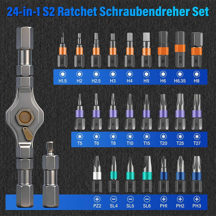 24-in-1 Ratschenschraubendreher Set – Magnetic Screwdriver Set mit S2-Bits, Abnehmbarer T-Ratschengr