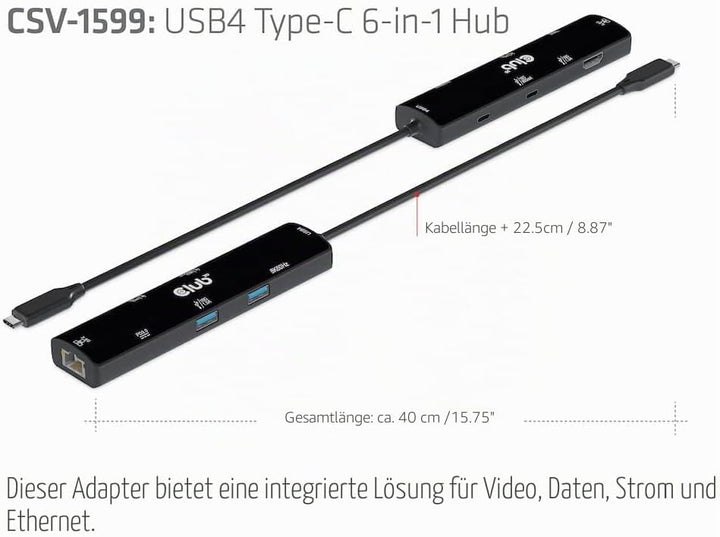 Club3D CSV-1599 USB4™ Gen3x2 Typ-C, 6-in-1 Hub mit HDMI™ 8K60Hz oder 4K120Hz, 2xUSB Typ-A(10G), Ethe