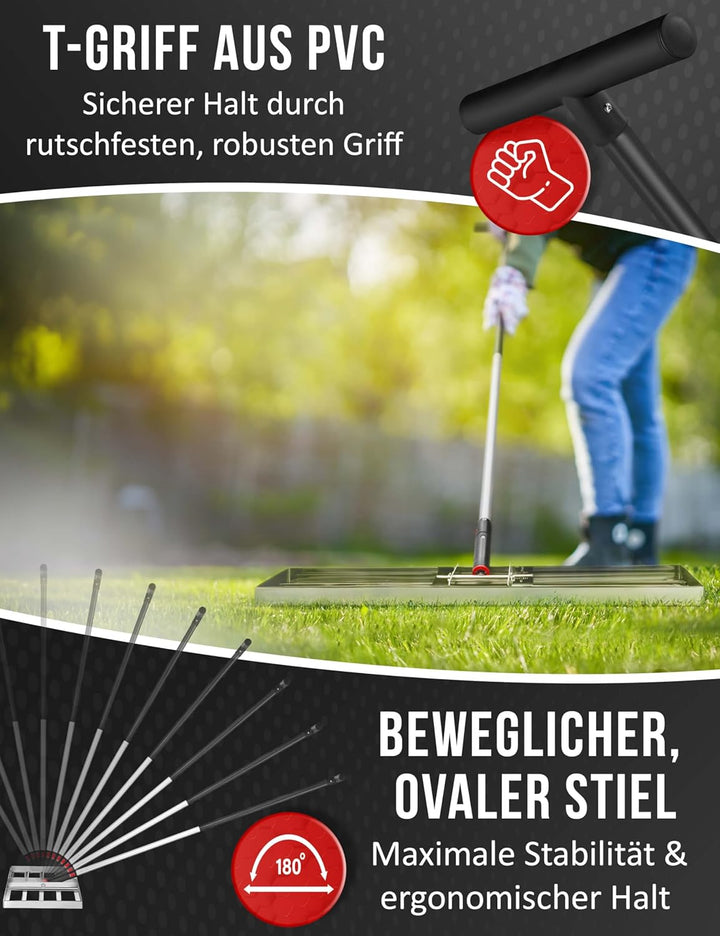Rasenrakel Edelstahl [75X35 CM] - Profi Rasenrechen mit Stiel - Nivellierrechen - Rakel Rasen für Sa