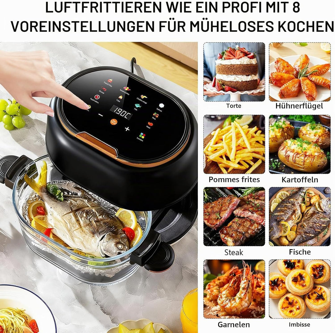 Heissluftfritteuse 5L, spülmaschinenfest Glaskorb, Sichtfenster &amp; Touchscreen, 8 Smart Programme, 1–
