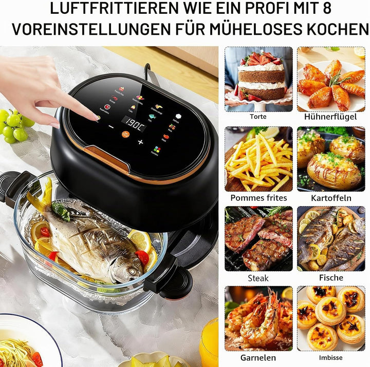 Heissluftfritteuse 5L, spülmaschinenfest Glaskorb, Sichtfenster &amp; Touchscreen, 8 Smart Programme, 1–