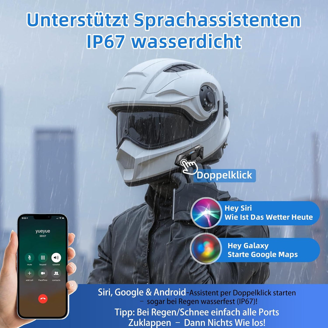 R6S Motorrad Headset Bis zu 6 Motorräder anschliessbarr 1200M Wireless Kommunikationssystem für 2 Pe