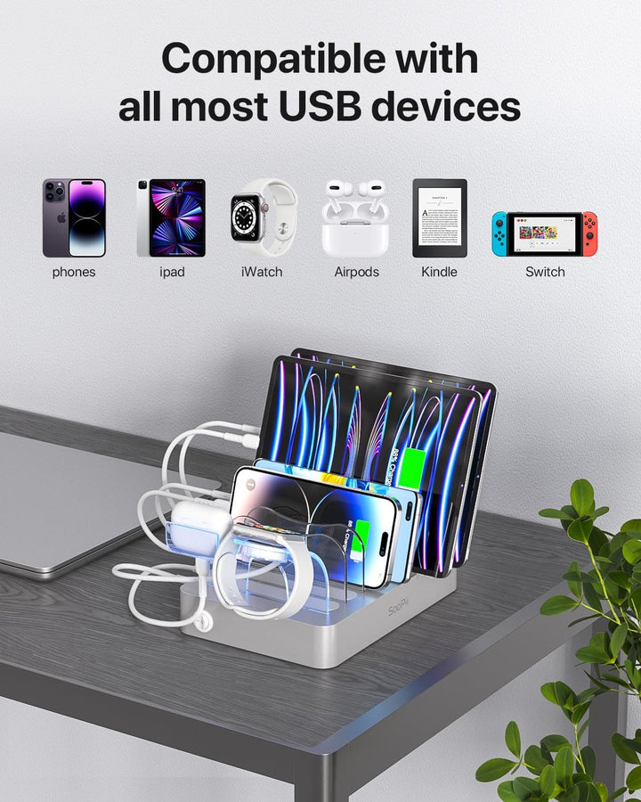SooPii USB-Ladestation Organizer für mehrere Geräte, 6 Ports 50W Ladestation mit 6 Kabeln und aktual