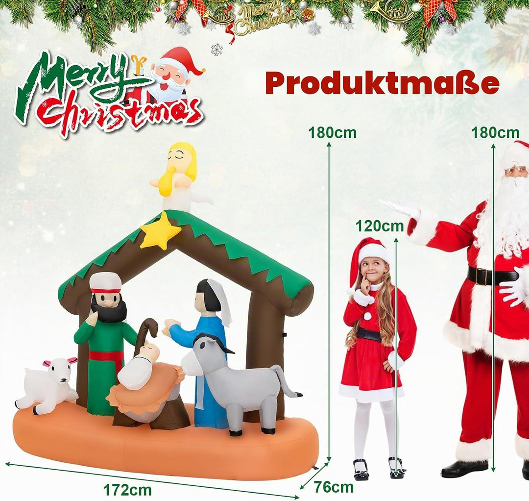 GOPLUS aufblasbare Weihnachtskrippe 180cm, Weihnachtsdeko mit 7 LED-Lichtern über die Geburt von Jes