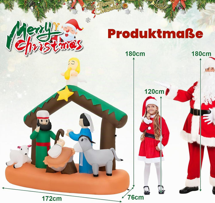 GOPLUS aufblasbare Weihnachtskrippe 180cm, Weihnachtsdeko mit 7 LED-Lichtern über die Geburt von Jes