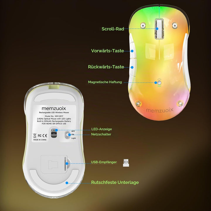 memzuoix LED Kabellose Maus – Wiederaufladbare 2.4G Optische Maus mit Magnetischer Abdeckung, Sanfte