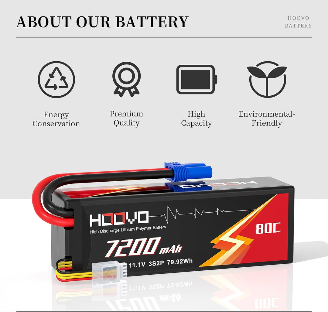 HOOVO 11.1V Lipo Akku 3S 7200mAh 80C Hard Case Akku mit EC5 Anschlussstecker für RC 1/8 1/10 Scale F