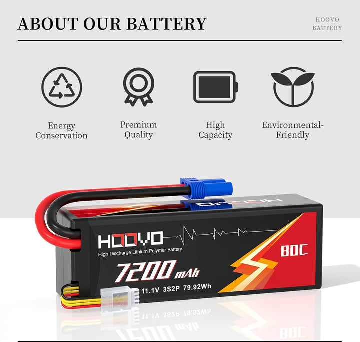 HOOVO 11.1V Lipo Akku 3S 7200mAh 80C Hard Case Akku mit EC5 Anschlussstecker für RC 1/8 1/10 Scale F