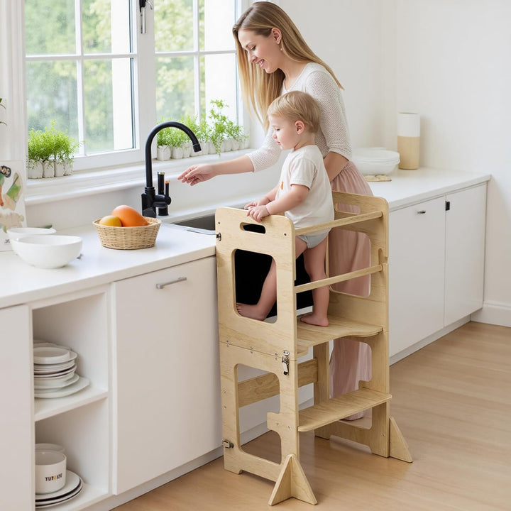 Labebe Lernturm für Kinder, Faltbarer Montessori Learning Tower, 3 in 1 Montessori Küchenhelfer Lern