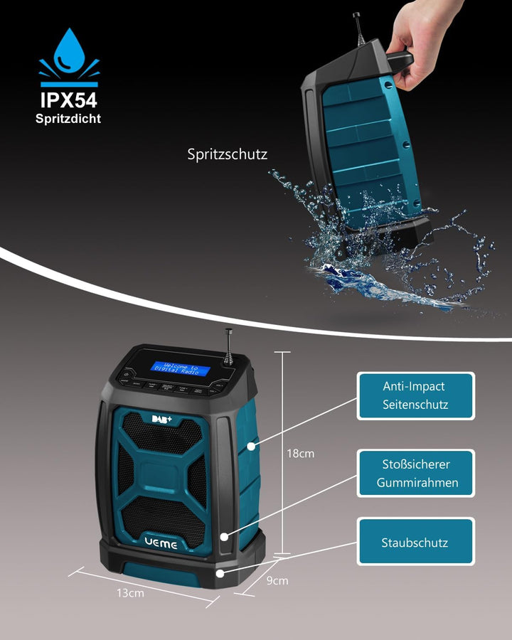 Baustellenradio DAB Mit Akku Aufladbar (6000mAh), DAB+, FM Radio, Bluetooth 5.0, Dual Radiowecker, A