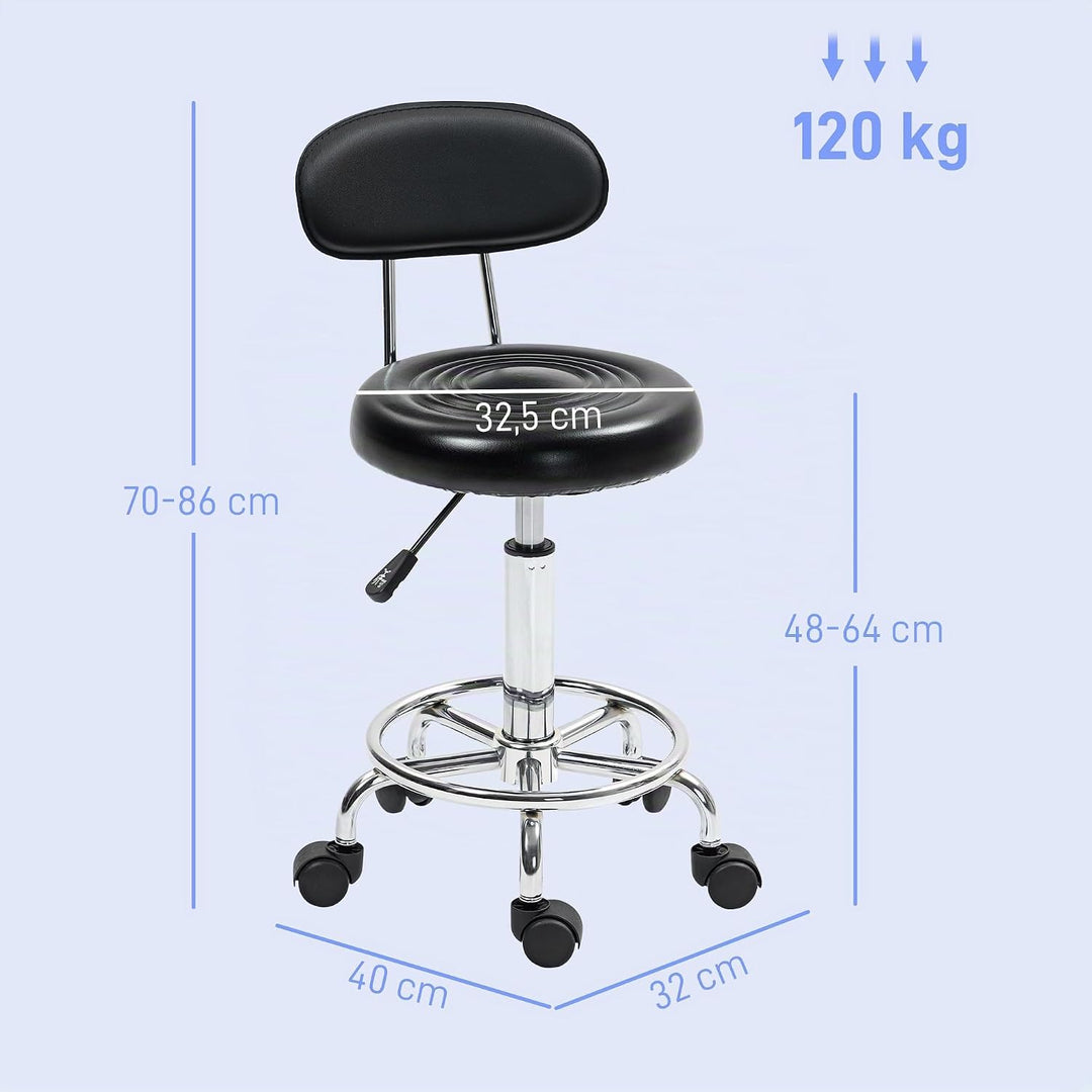 HOMCOM Rollhocker höhenverstellbar Drehhocker Drehbar Salon Hocker mit Lehne, Rädern, Arbeitshocker