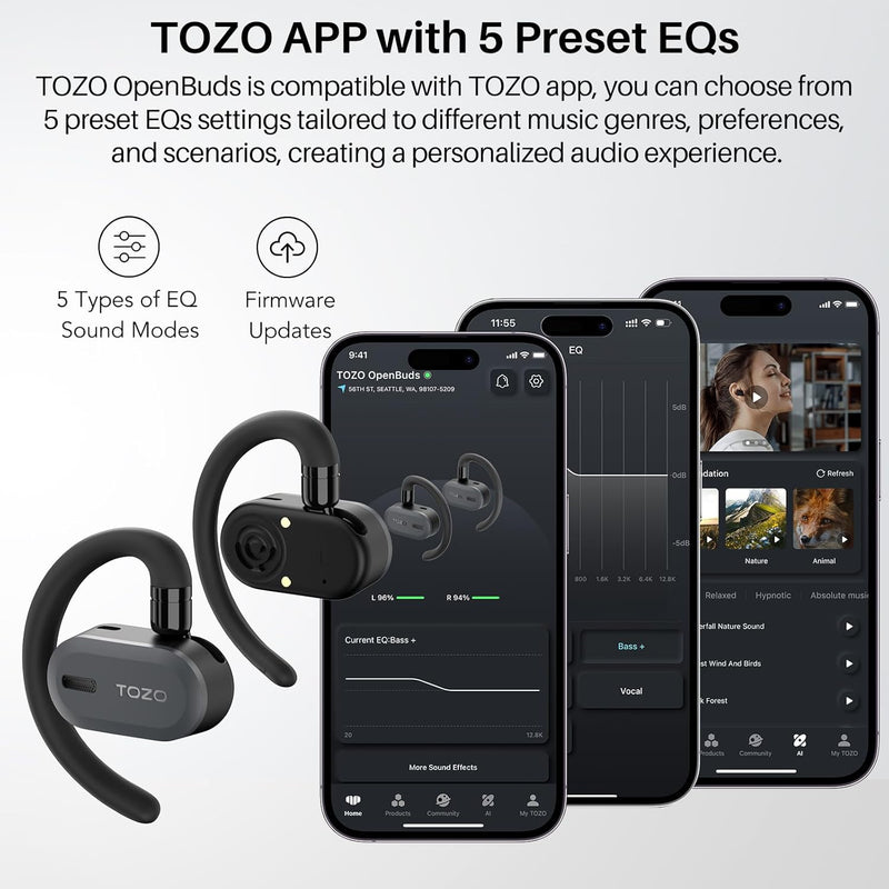 TOZO Open Buds Leichte Bluetooth Kopfhörer Kabellos 5.3 mit Mehrwinkelverstellung, Offenes Ohrdesign