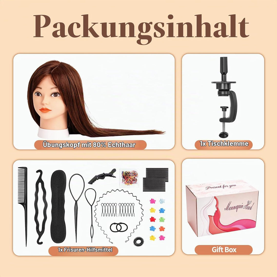 Yofuly 26Zoll/66cm Frisierkopf, 80% Echthaar Übungskopf, Frisieren Trainingsköpfe Puppenkopf Friseur