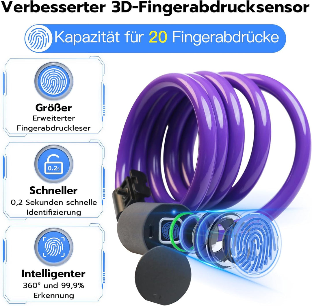 Anweller Fahrradschloss Fingerabdruck,1.5m Kabelschloss wasserdicht tragbar mit Fahrradschlosshalter