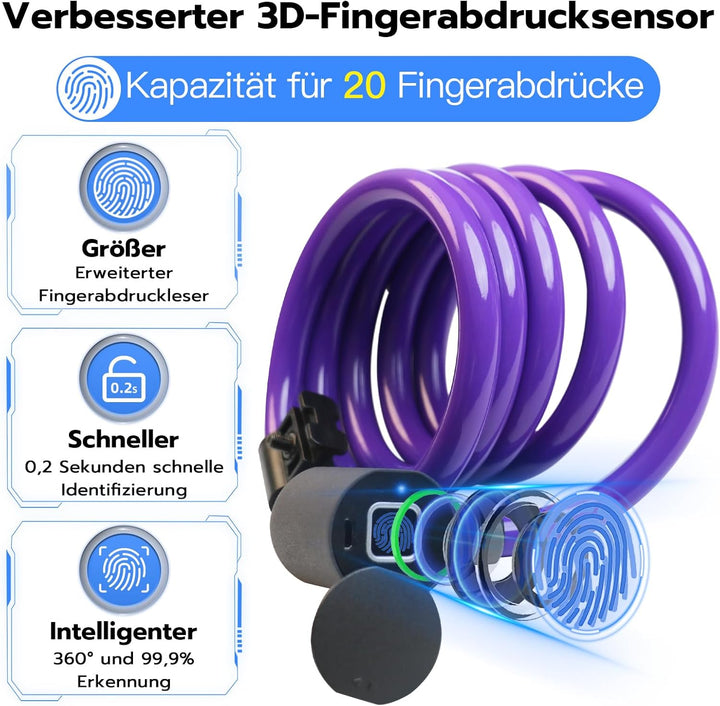Anweller Fahrradschloss Fingerabdruck,1.5m Kabelschloss wasserdicht tragbar mit Fahrradschlosshalter