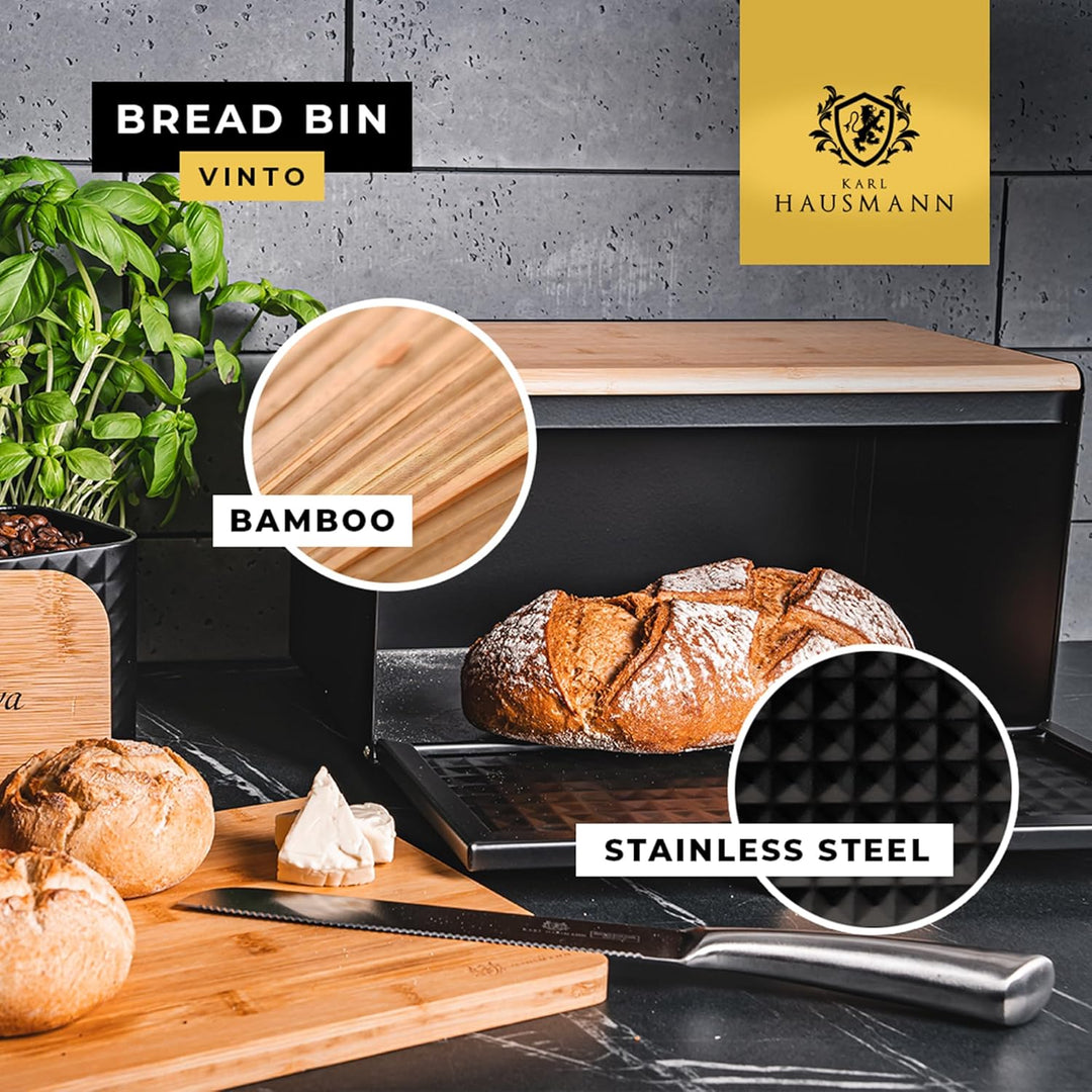 Brotkasten Metall Schwarz mit Bambus Deckel - Hält Brot länger frisch | Grosse Brotbox zur Brotaufbe