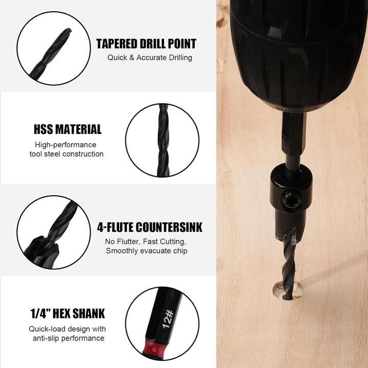 Mayouko 15 PCS Tapered Drill Bits Counter Sink Drill Bit Set, with Wood Plug Cutters and Depth Stop