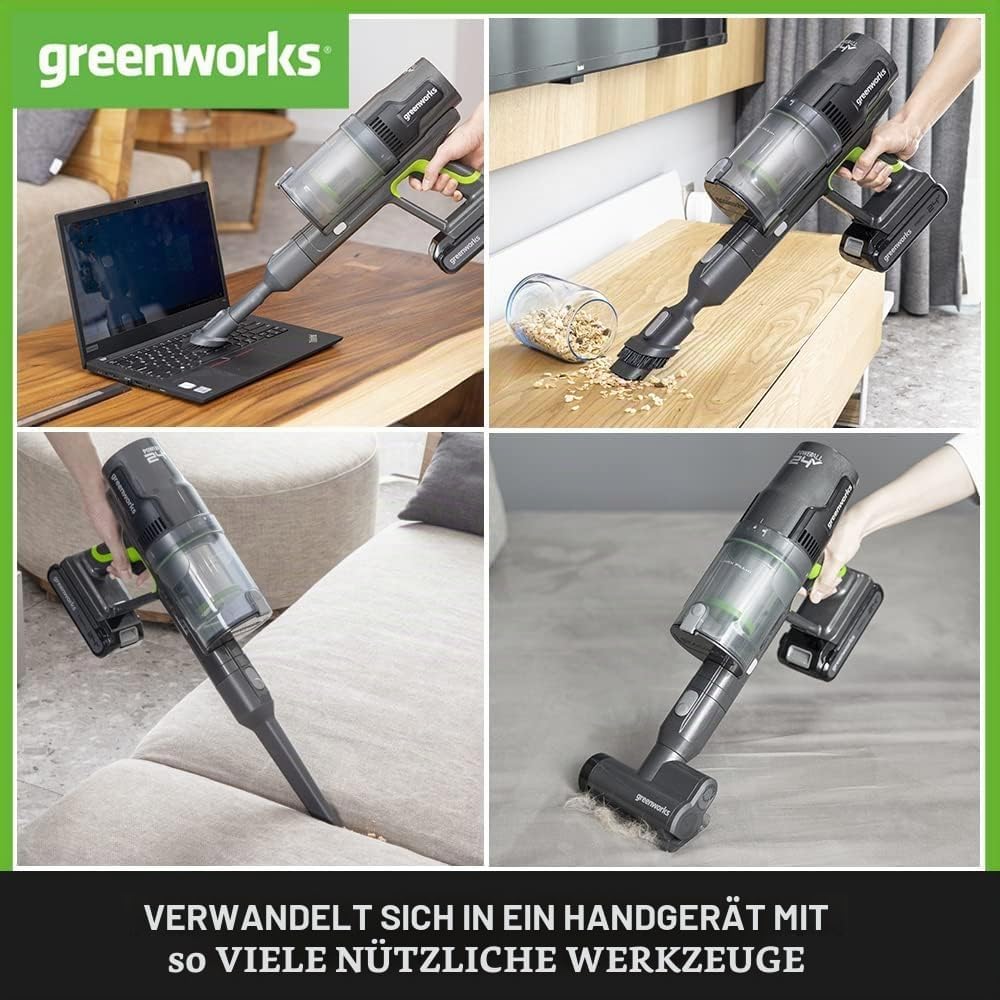 Greenworks Kabelloser Staubsauger, hohe Saugleistung, Hepa-Filter, Tierhaaraufsatz, 3 Leistungsstufe