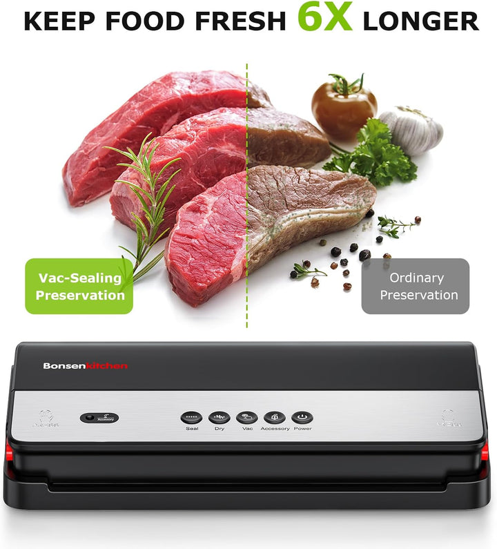 Bonsenkitchen Vakuumiergerät, für Trockene und Feuchte Lebensmittel Vakuumierer mit Eingebauter Cutt