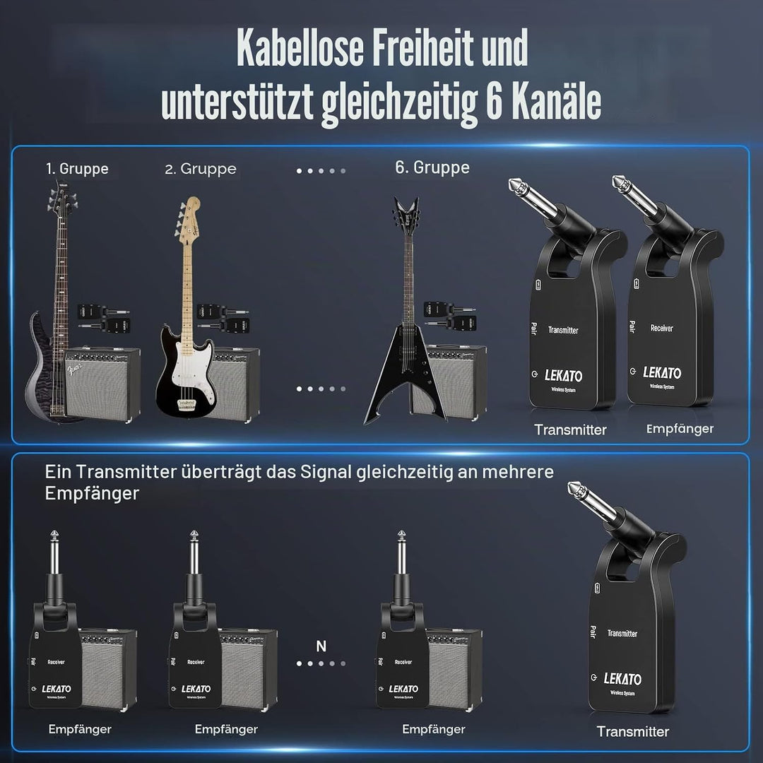 LEKATO 2.4GHz Aufgerüstet Wireless Gitarrensystem E Gitarren Sender mit Kabellos Gitarre Transmitter