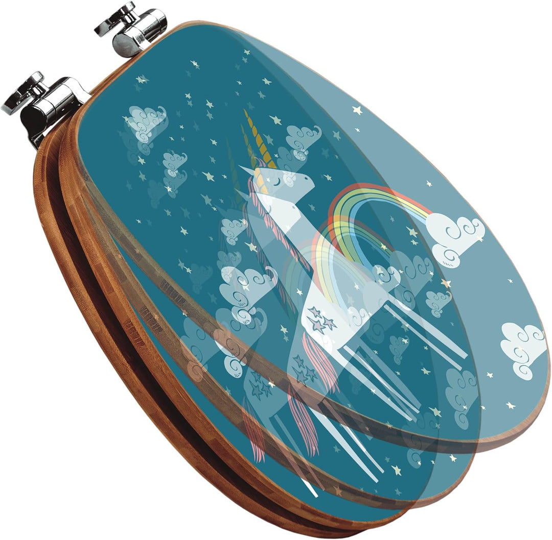 banjado® Design WC Sitz Bambus Absenkautomatik mit Motiv Einhorn/Toilettendeckel mit Absenkautomatik